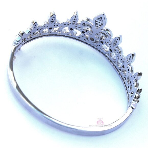 Clear Pave Cubic Zirconia Fleur-de-Lis Princess Crown Hinged Cuff Bracelet 7.5" - Picture 9 of 12